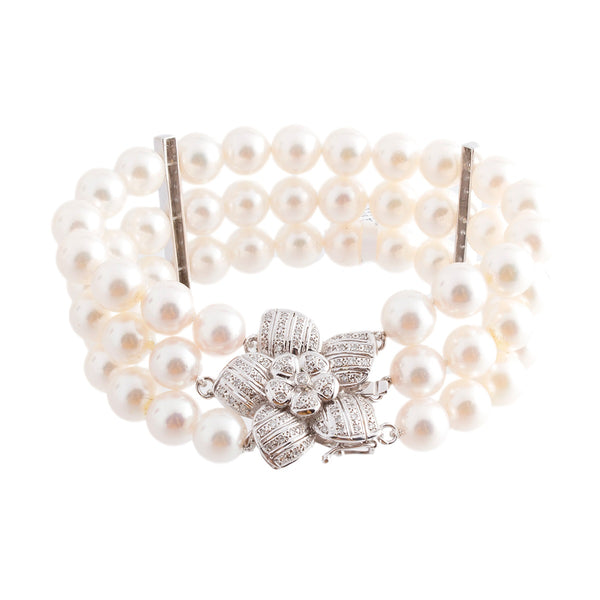 Diamond Flower Triple Row Cultured Pearl Bracelet