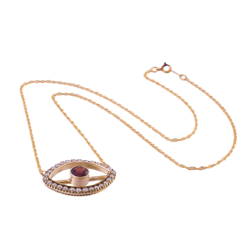 14K Cultured Pearl Garnet Evil Eye Necklace