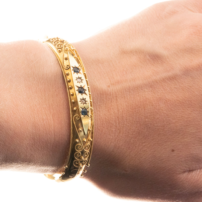 Victorian 14k yellow gold sapphire and diamond hinged bracelet