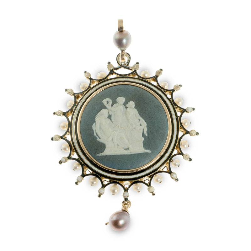 Porcelain cameo, enamel, and natural pearl pendant
