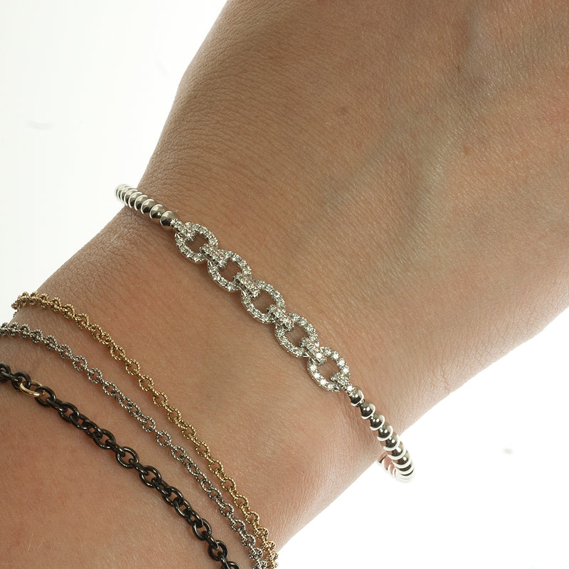 Chain-link pave diamond beaded stretchy bracelet