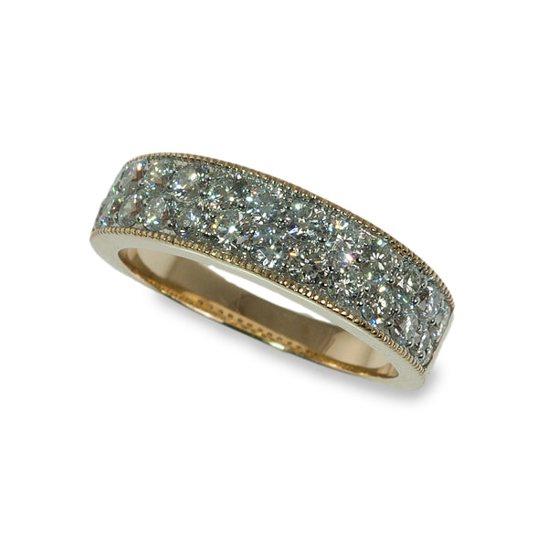 Tapered pave diamond two tone band ring