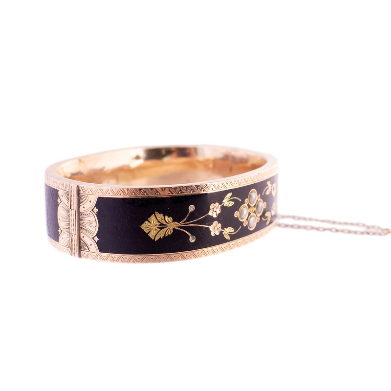 Antique Black Enamel Hinged Bangle Bracelet