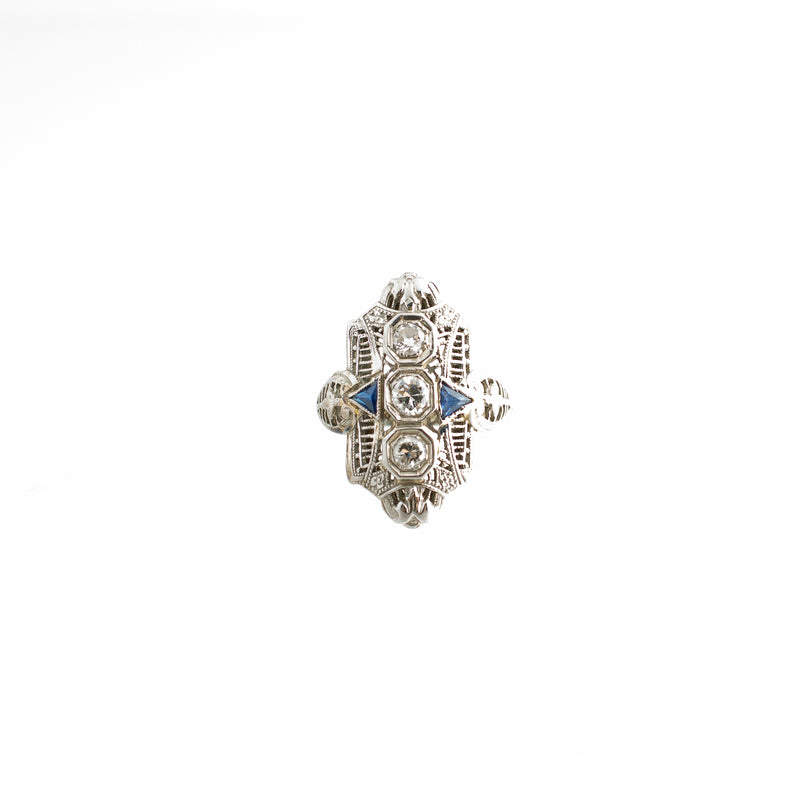 Filigree Diamond and Synthetic Sapphire Ring