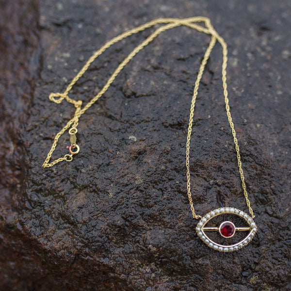 14K Cultured Pearl Garnet Evil Eye Necklace